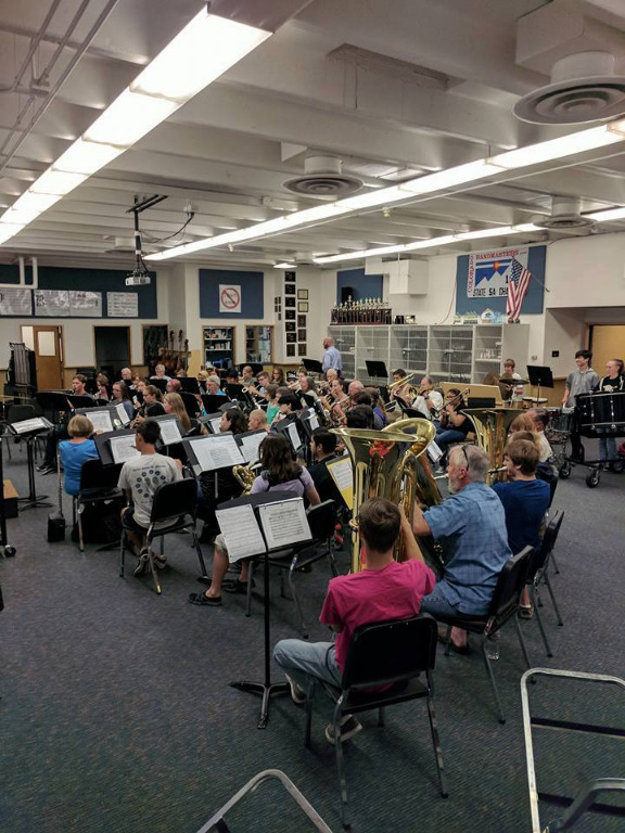 First rehearsal of the combined group: 2017-18 Wind Symphony students and 1953-2006 alumni of the WRHS music programs